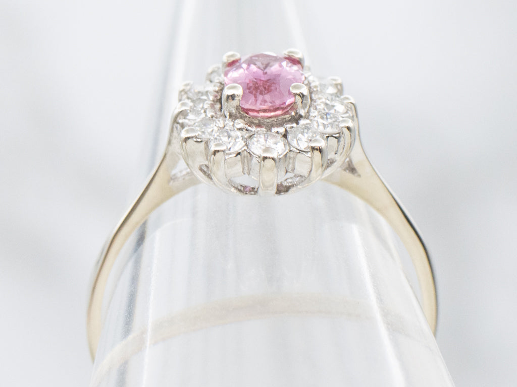 White Gold Pink Sapphire and Diamond Halo Engagement Ring