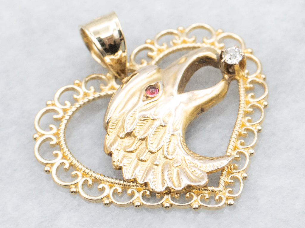 Gold Eagle and Heart Diamond Pendant with Garnet Eye