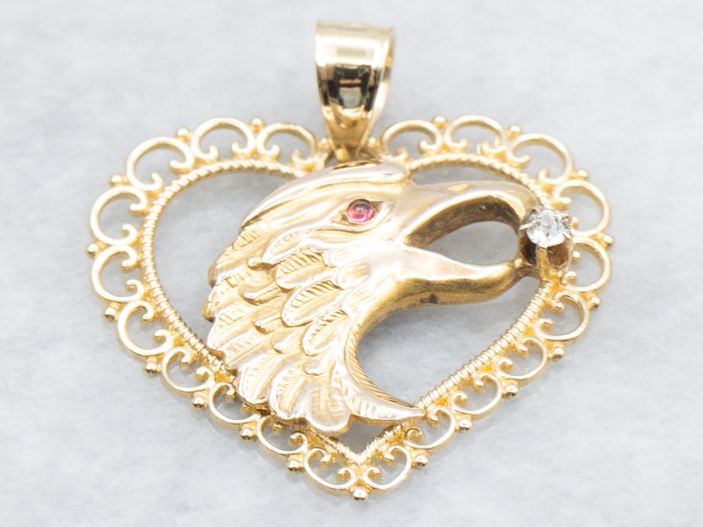 Gold Eagle and Heart Diamond Pendant with Garnet Eye