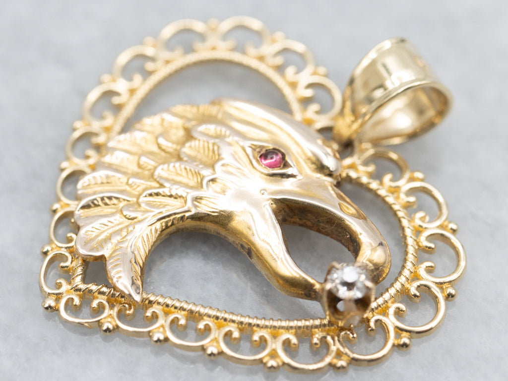 Gold Eagle and Heart Diamond Pendant with Garnet Eye