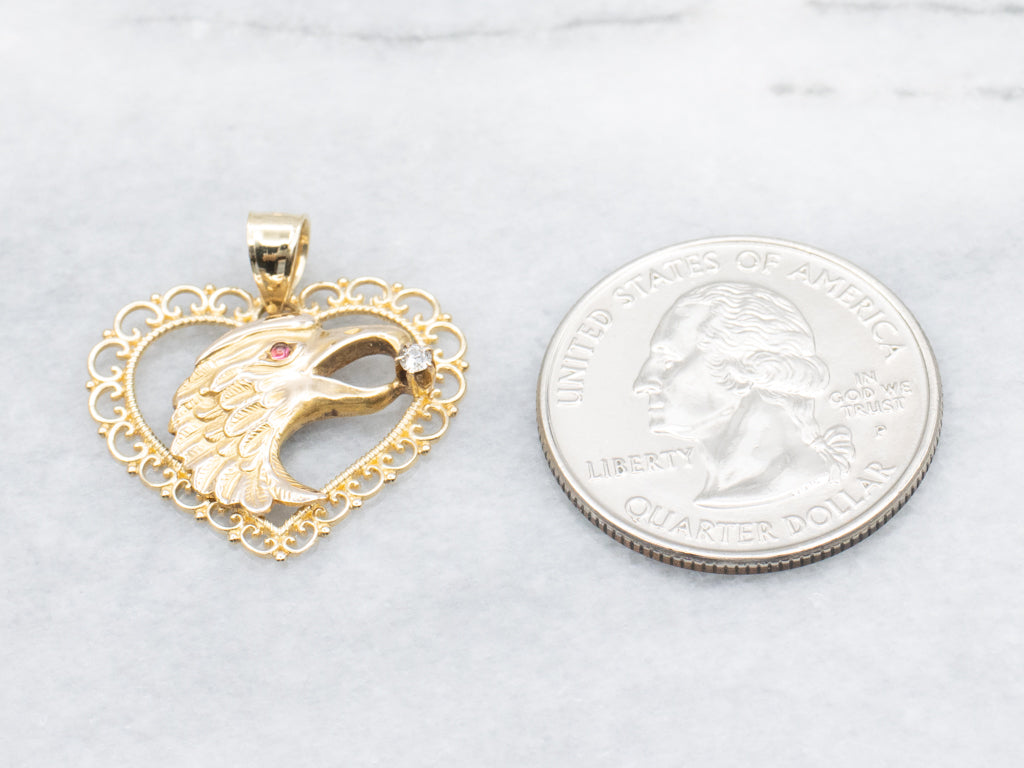 Gold Eagle and Heart Diamond Pendant with Garnet Eye