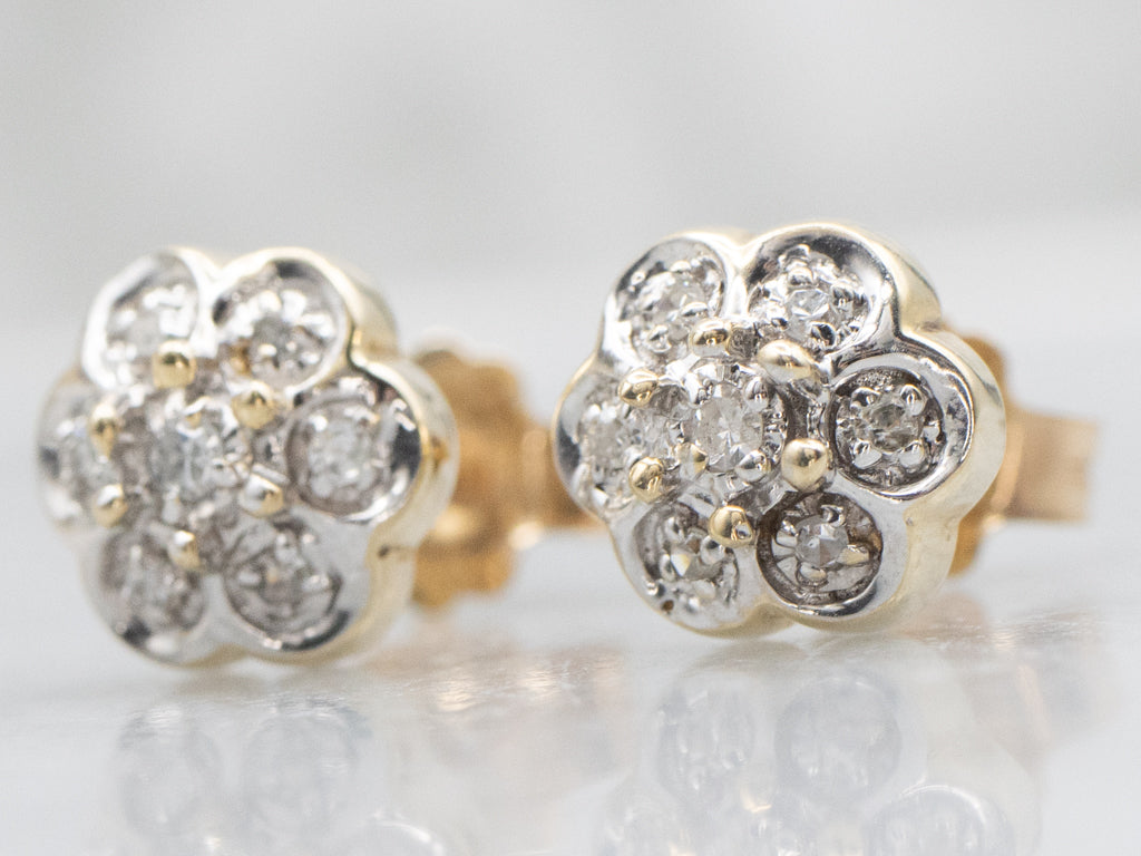 Two-Tone Gold Diamond Flower Stud Earrings