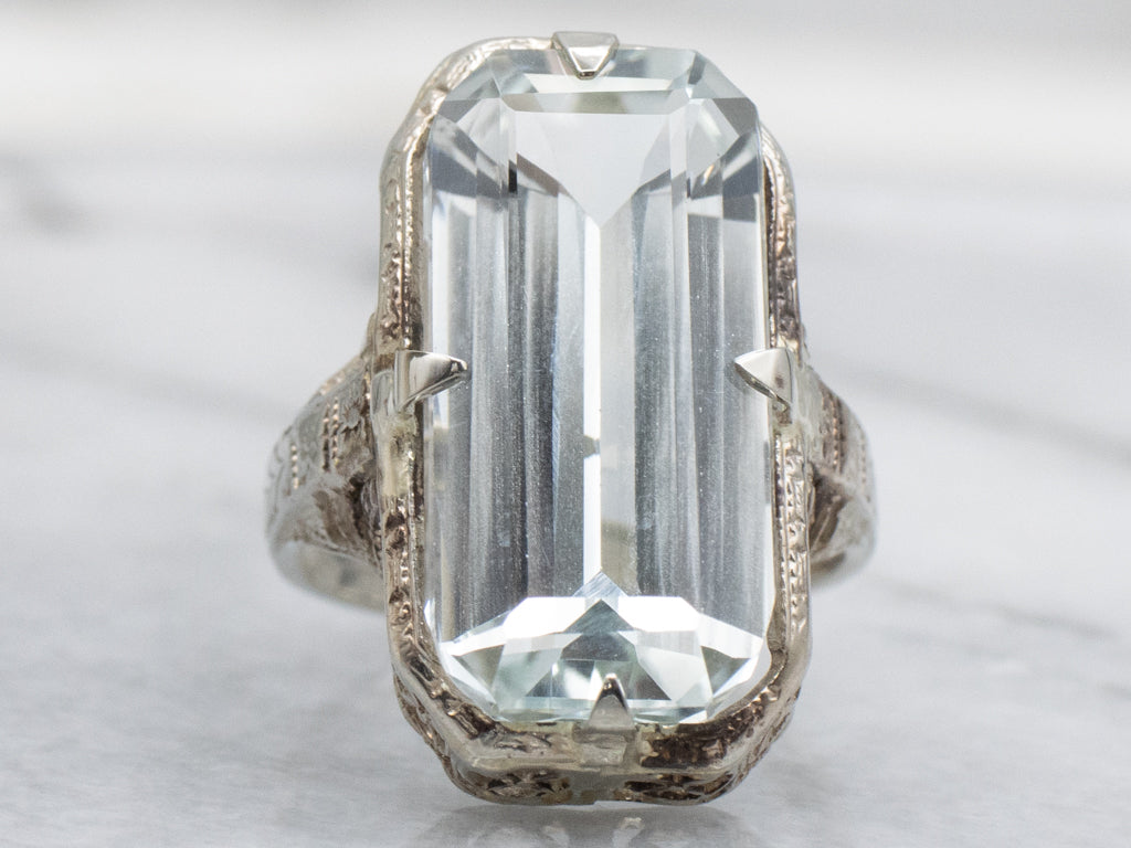 Elongated Light Blue Topaz Antique Gold Filigree Cocktail Ring