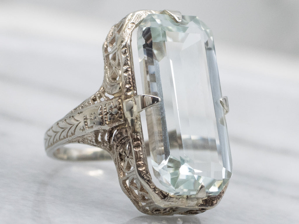 Elongated Light Blue Topaz Antique Gold Filigree Cocktail Ring