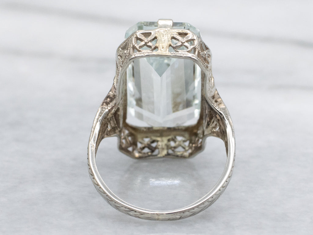 Elongated Light Blue Topaz Antique Gold Filigree Cocktail Ring