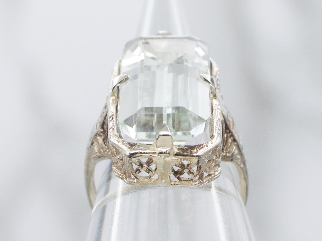 Elongated Light Blue Topaz Antique Gold Filigree Cocktail Ring