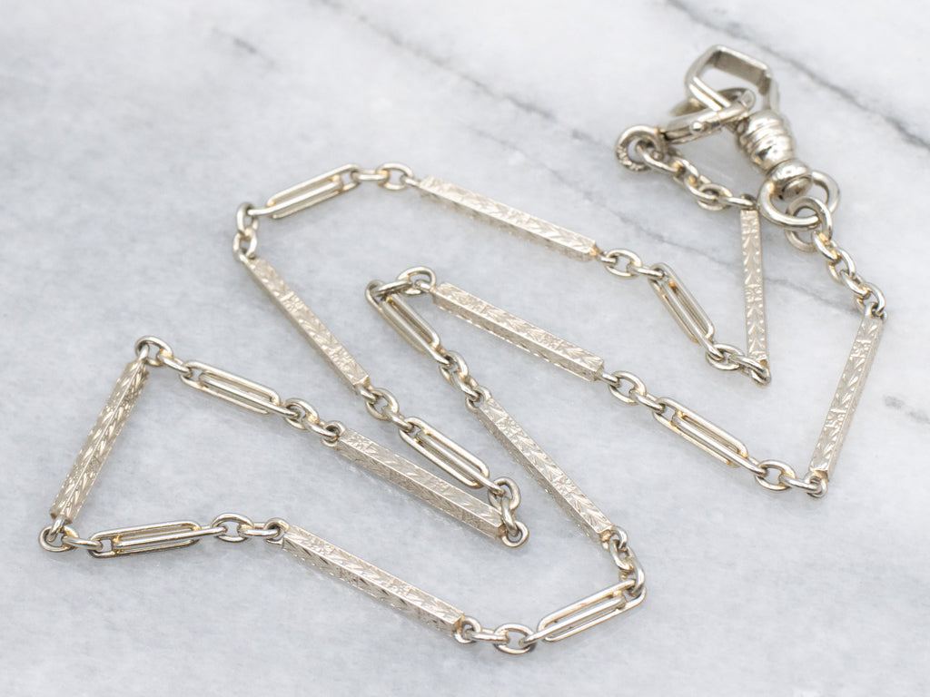 Etched White Gold Vintage Bar Link Pocket Watch Chain