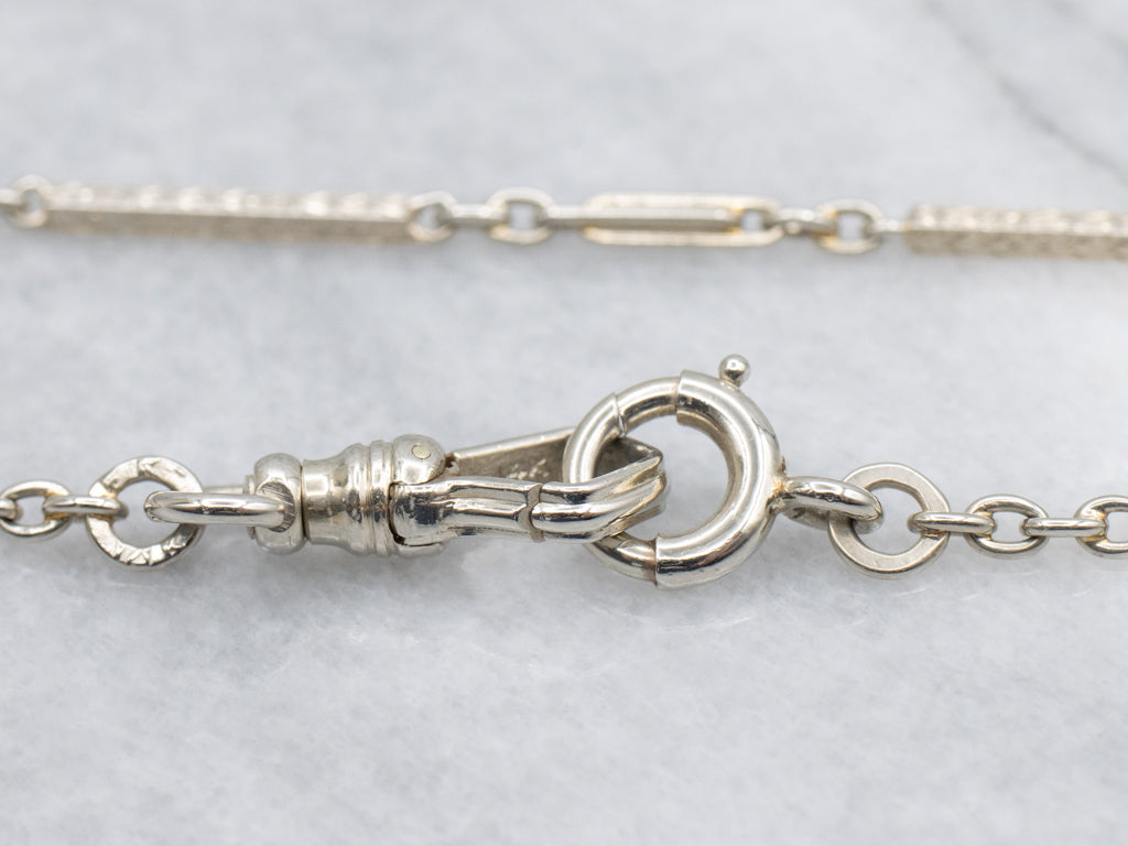 Etched White Gold Vintage Bar Link Pocket Watch Chain