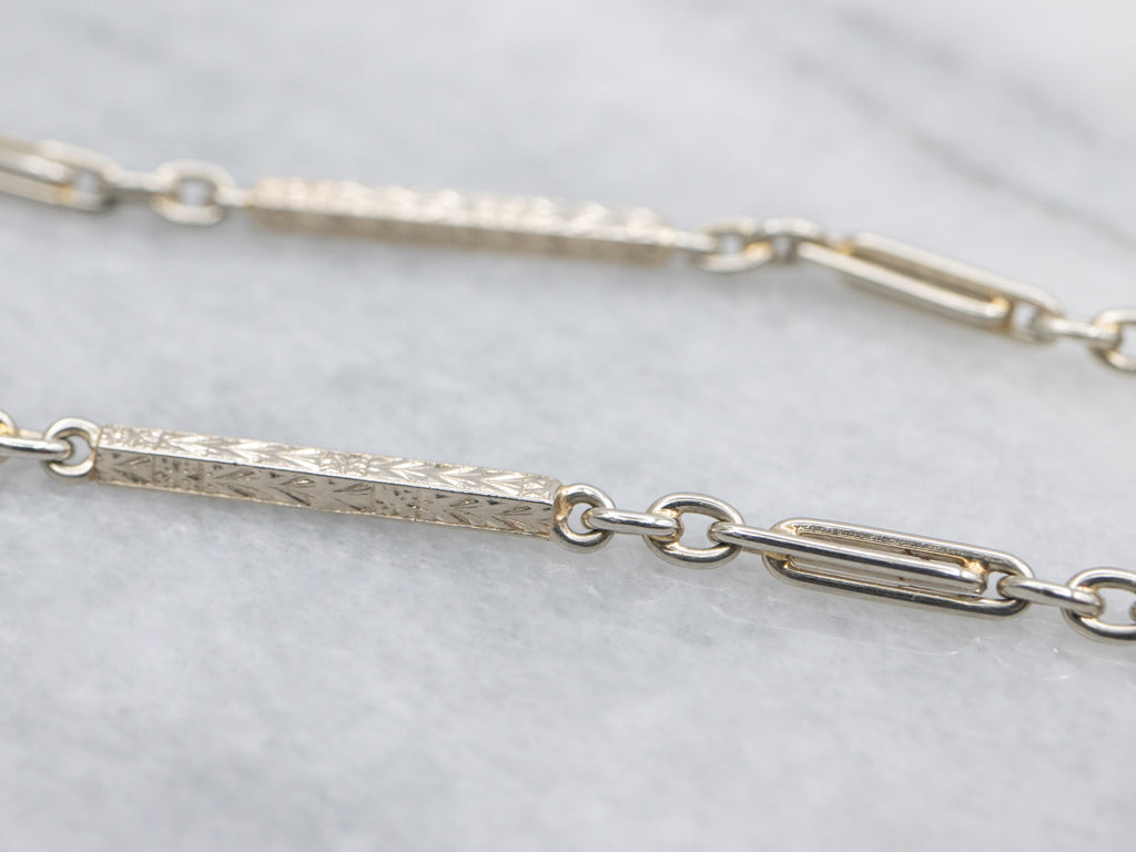Etched White Gold Vintage Bar Link Pocket Watch Chain
