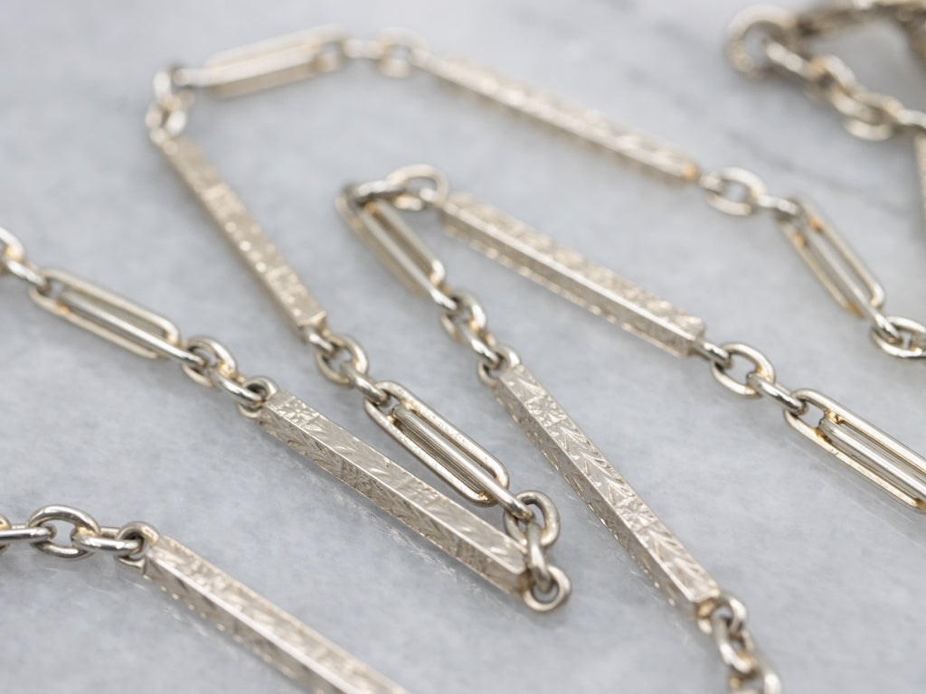 Etched White Gold Vintage Bar Link Pocket Watch Chain