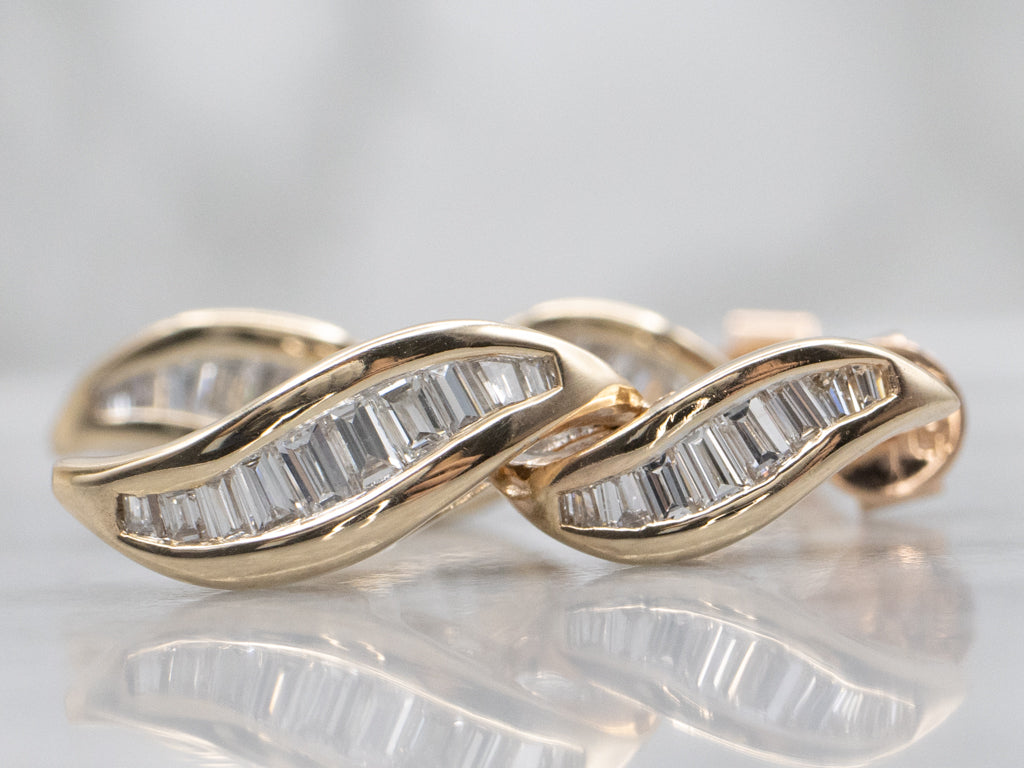 Yellow Gold Baguette-Cut Diamond Drop Earrings