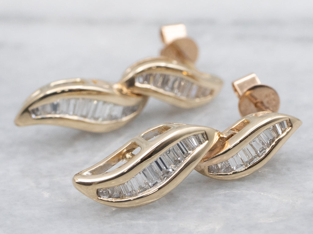 Yellow Gold Baguette-Cut Diamond Drop Earrings