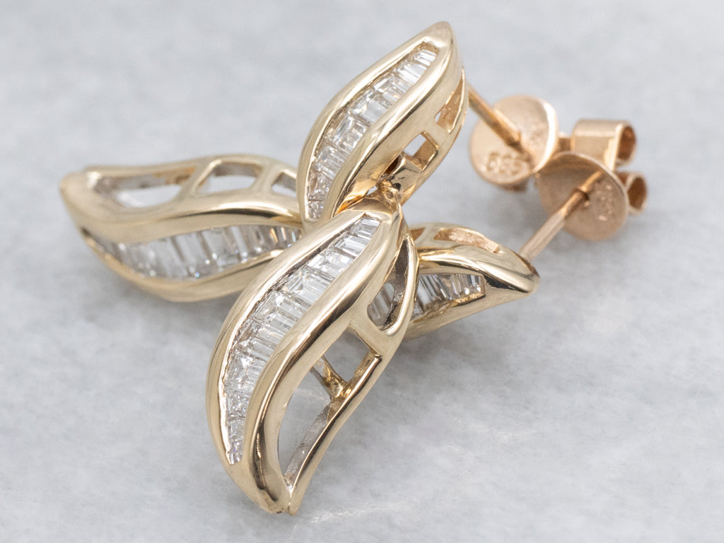 Yellow Gold Baguette-Cut Diamond Drop Earrings