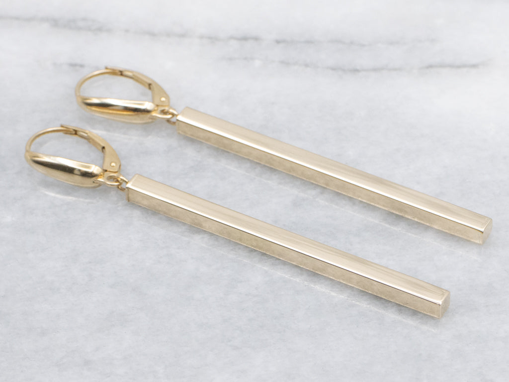 Square Polished Gold Bar Drop Earrings