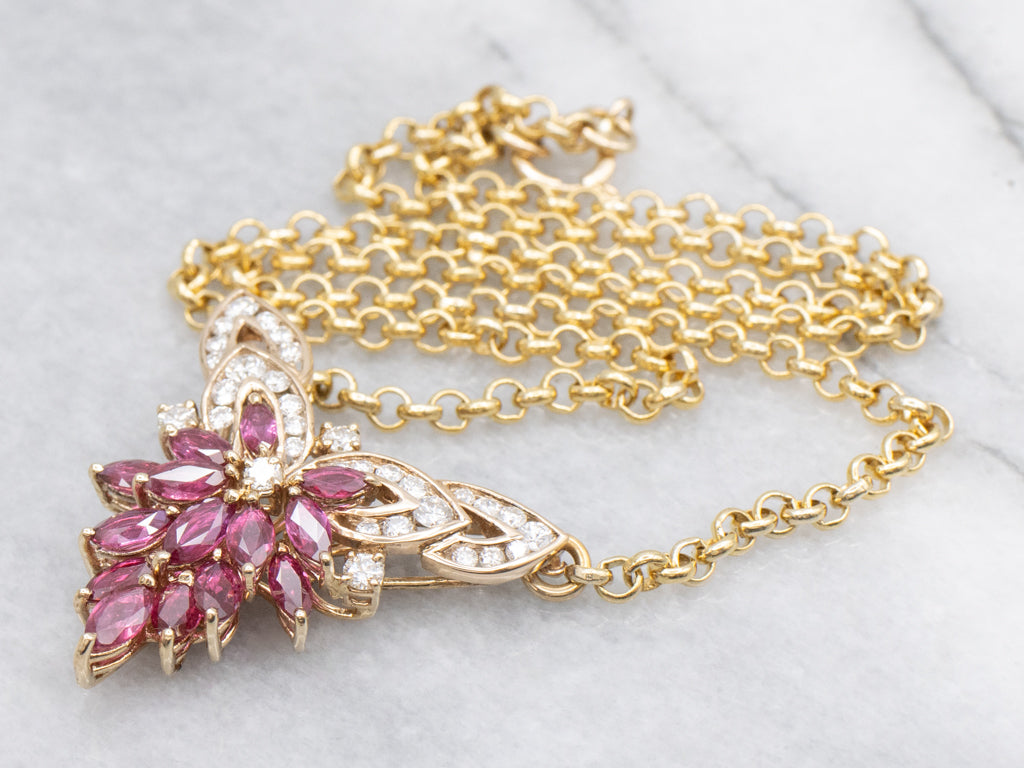 Ruby and Diamond Cluster Gold Pendant Necklace