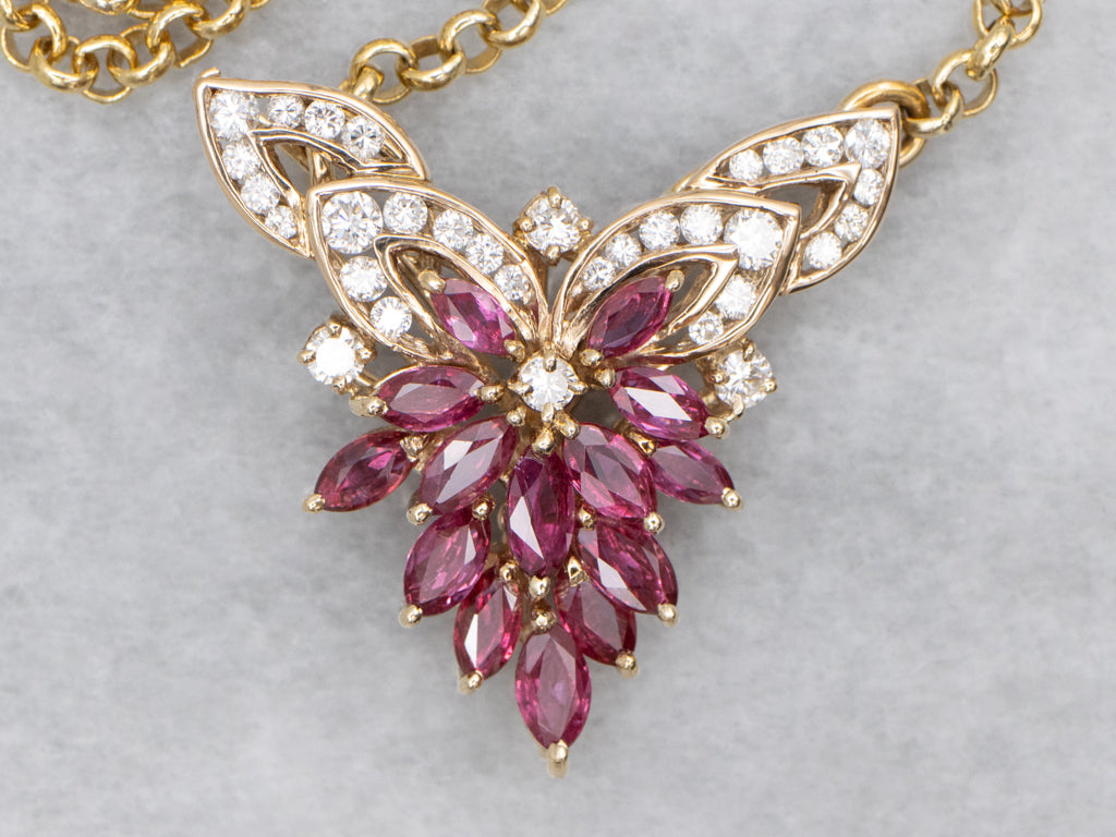 Ruby and Diamond Cluster Gold Pendant Necklace