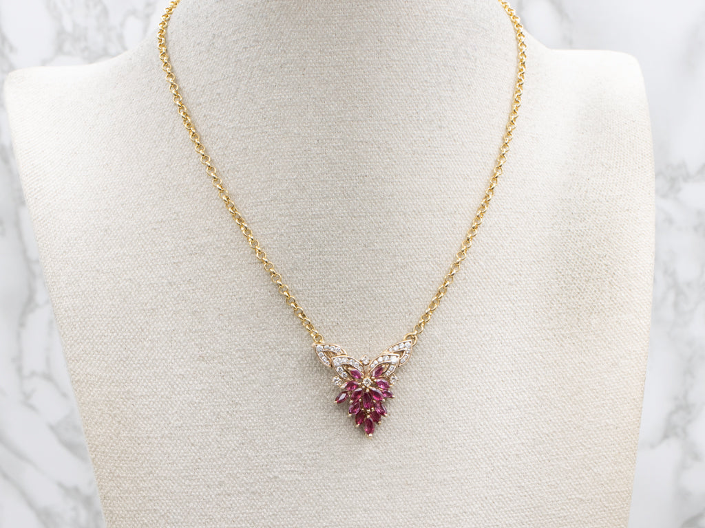 Ruby and Diamond Cluster Gold Pendant Necklace
