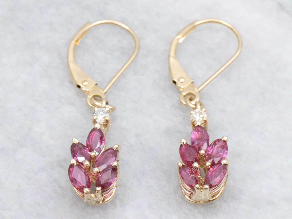 Marquise-Cut Ruby and Diamond Yellow Gold Drop Earrings
