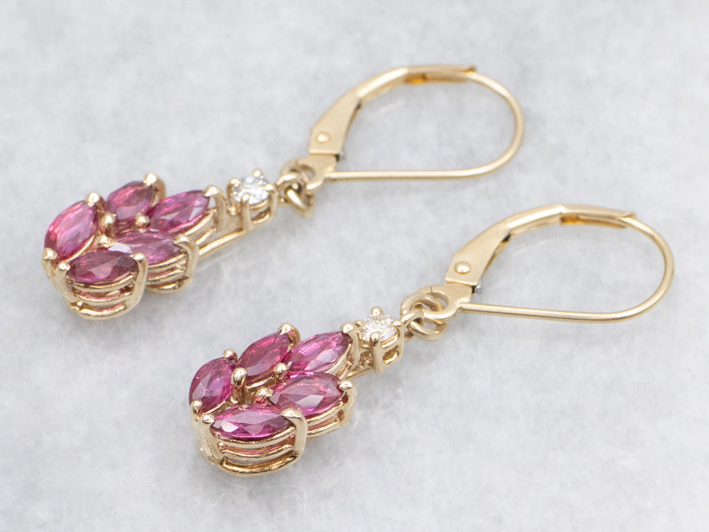 Marquise-Cut Ruby and Diamond Yellow Gold Drop Earrings