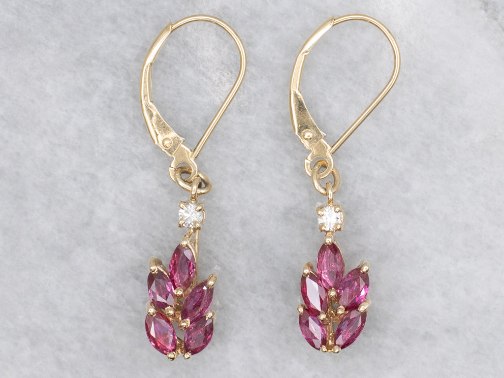 Marquise-Cut Ruby and Diamond Yellow Gold Drop Earrings
