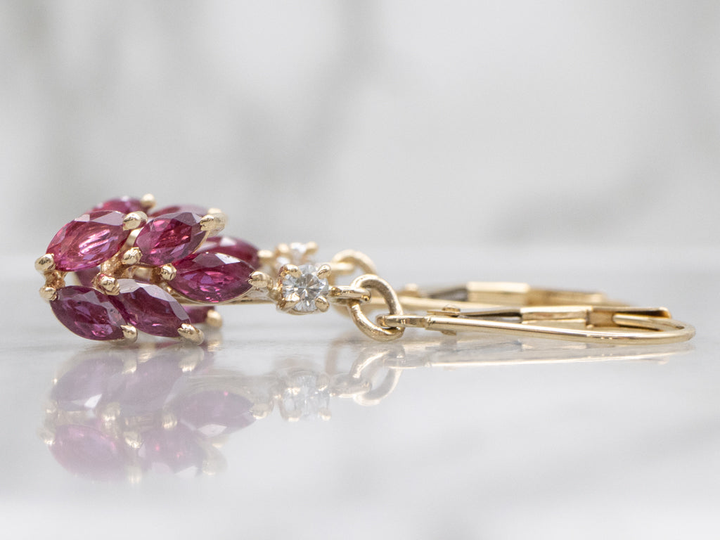 Marquise-Cut Ruby and Diamond Yellow Gold Drop Earrings