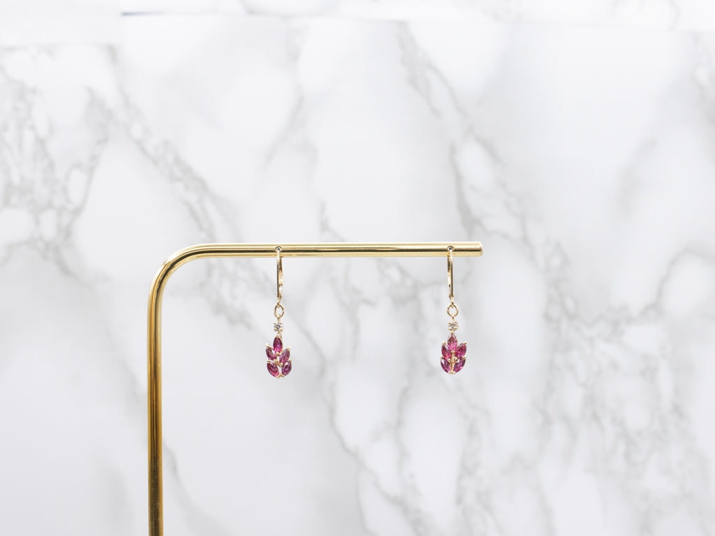 Marquise-Cut Ruby and Diamond Yellow Gold Drop Earrings