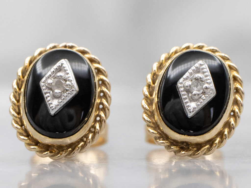 Vintage Black Onyx and Diamond Stud Earrings with Rope Twist Border