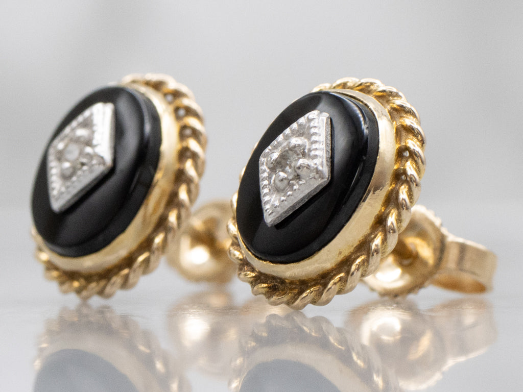 Vintage Black Onyx and Diamond Stud Earrings with Rope Twist Border