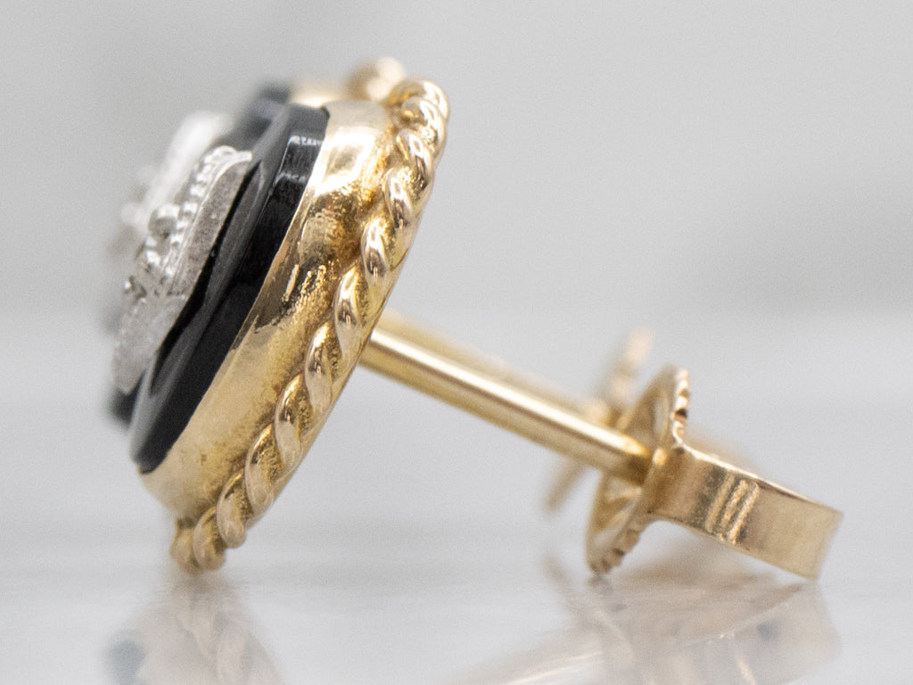 Vintage Black Onyx and Diamond Stud Earrings with Rope Twist Border
