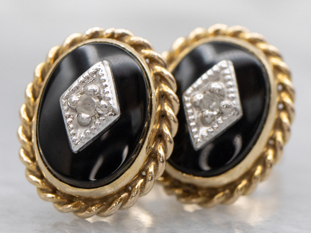 Vintage Black Onyx and Diamond Stud Earrings with Rope Twist Border