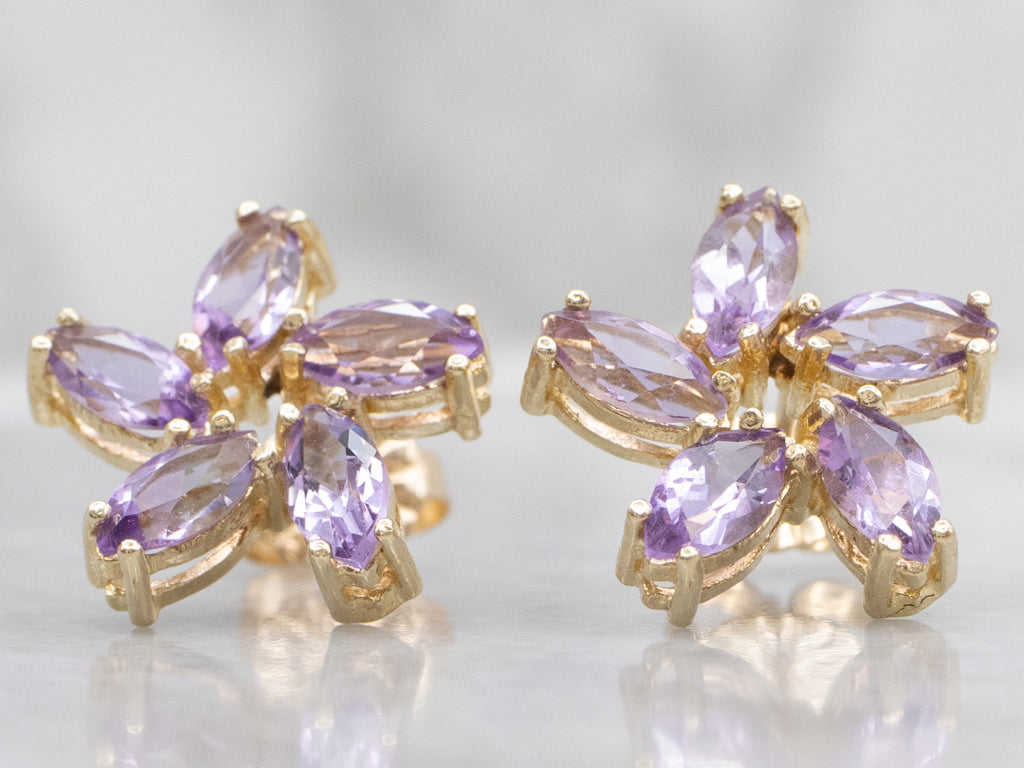 Marquise-Cut Amethyst Yellow Gold Floral Stud Earrings