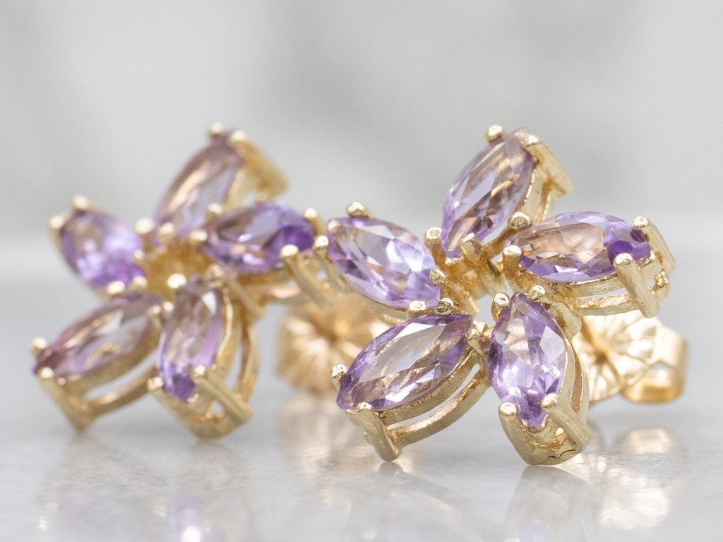 Marquise-Cut Amethyst Yellow Gold Floral Stud Earrings