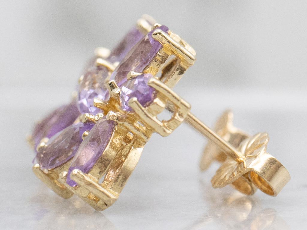 Marquise-Cut Amethyst Yellow Gold Floral Stud Earrings
