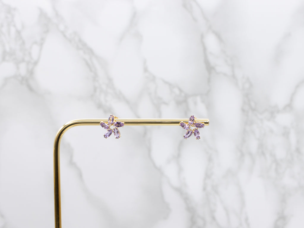 Marquise-Cut Amethyst Yellow Gold Floral Stud Earrings