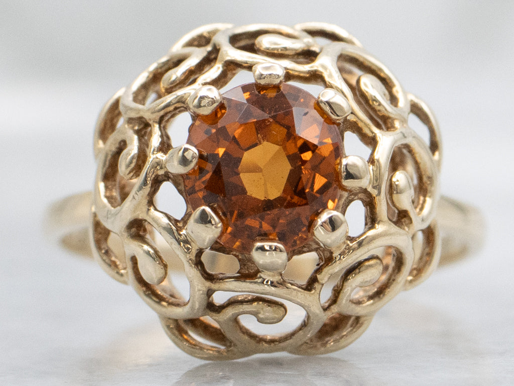 Scrolling Gold Hessonite Garnet Solitaire Ring
