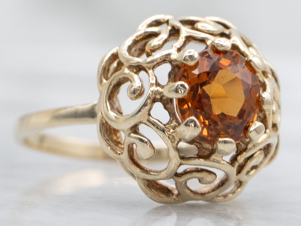 Scrolling Gold Hessonite Garnet Solitaire Ring