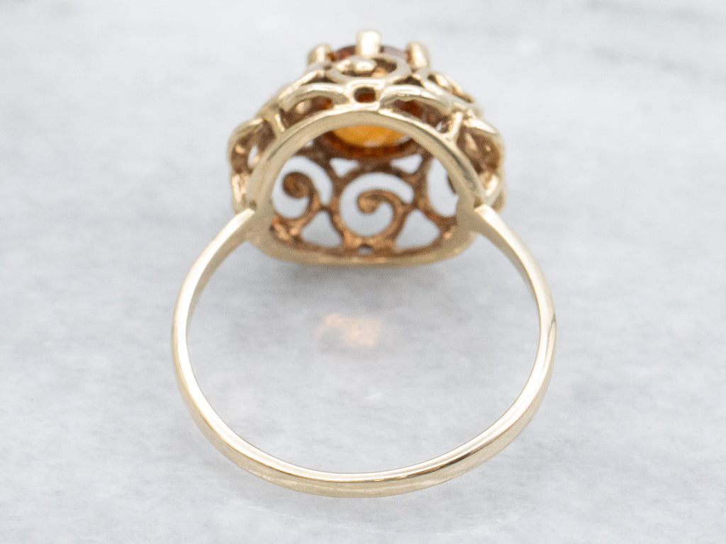 Scrolling Gold Hessonite Garnet Solitaire Ring