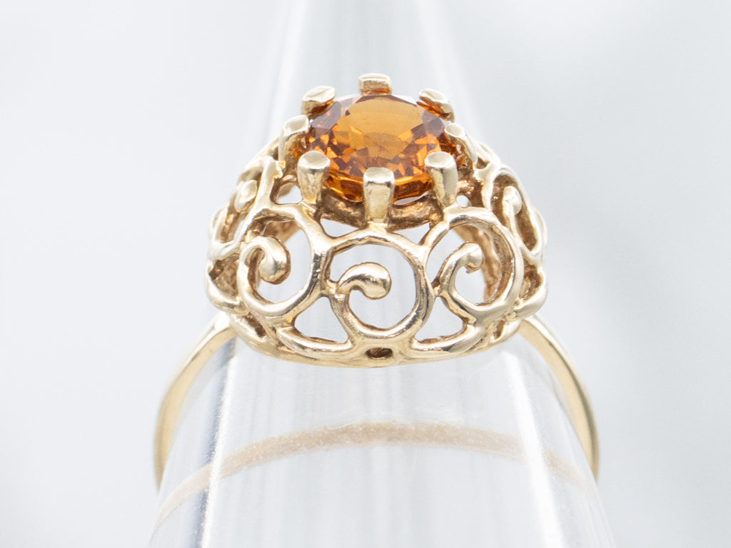 Scrolling Gold Hessonite Garnet Solitaire Ring