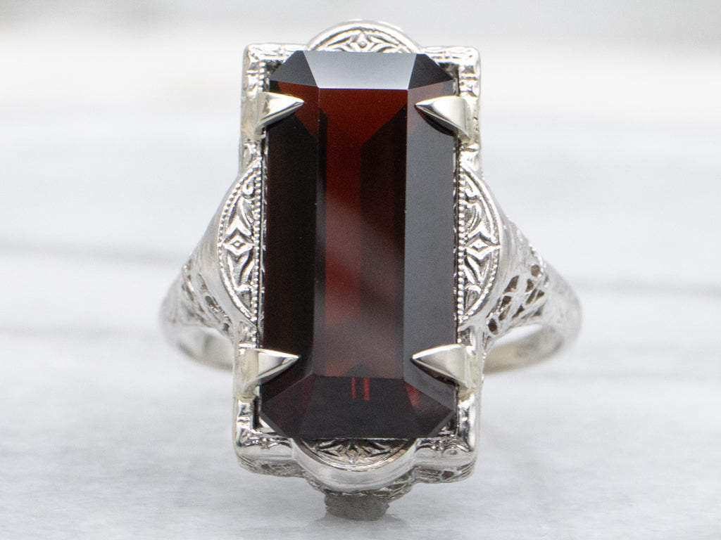 White Gold Elongated Garnet Filigree Cocktail Ring