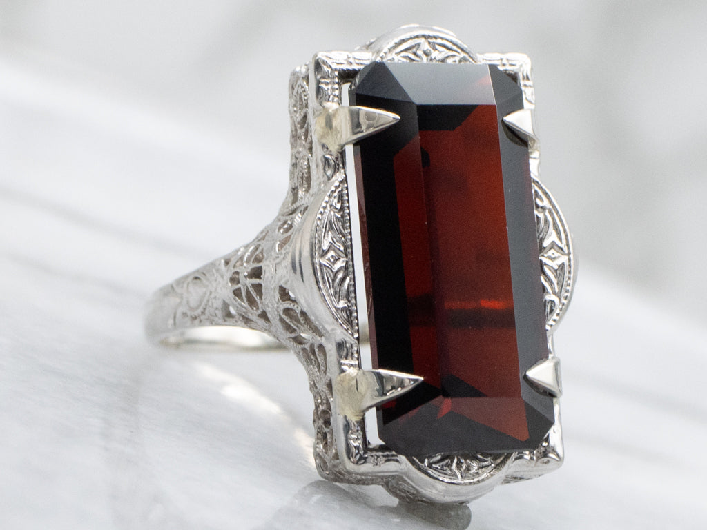 White Gold Elongated Garnet Filigree Cocktail Ring