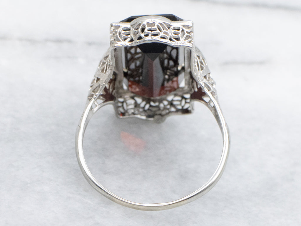 White Gold Elongated Garnet Filigree Cocktail Ring