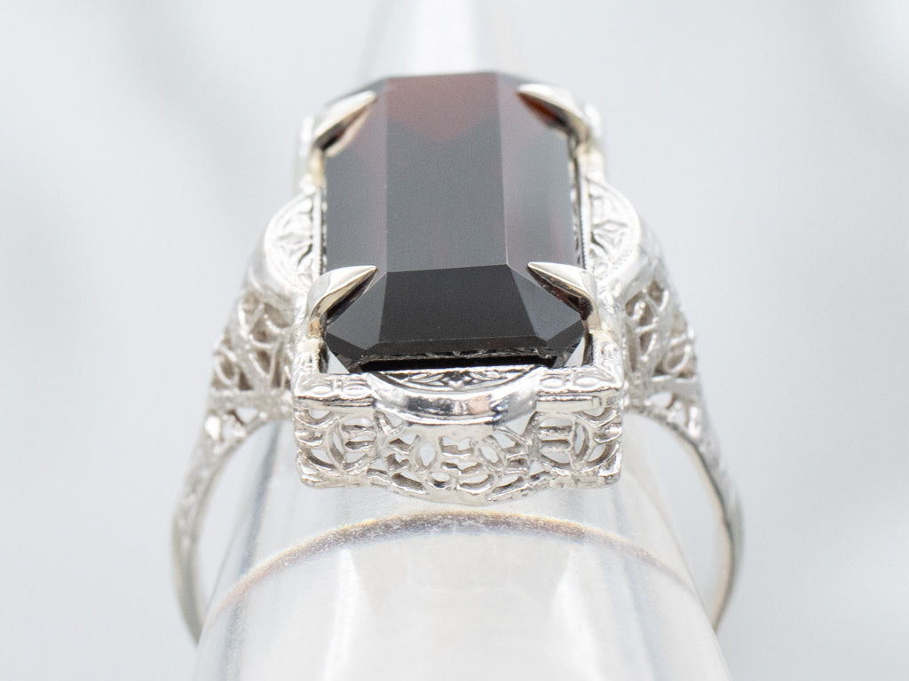 White Gold Elongated Garnet Filigree Cocktail Ring