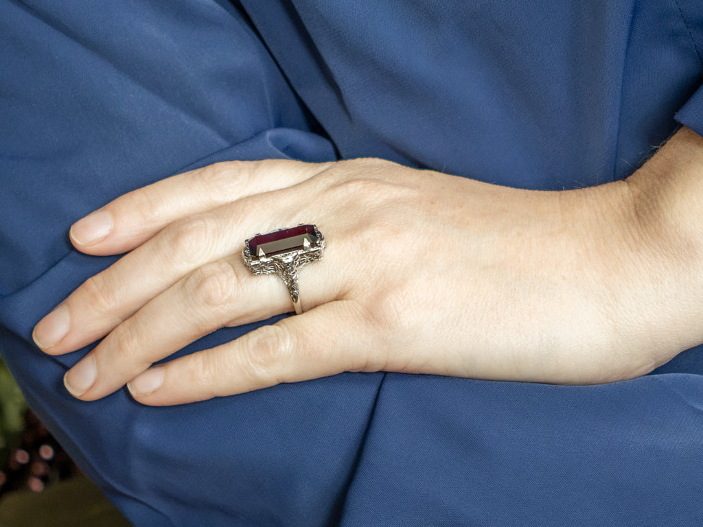 White Gold Elongated Garnet Filigree Cocktail Ring