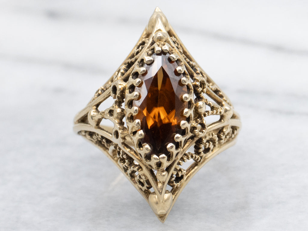 Ornate Marquise-Cut Zircon Gold Filigree Dinner Ring