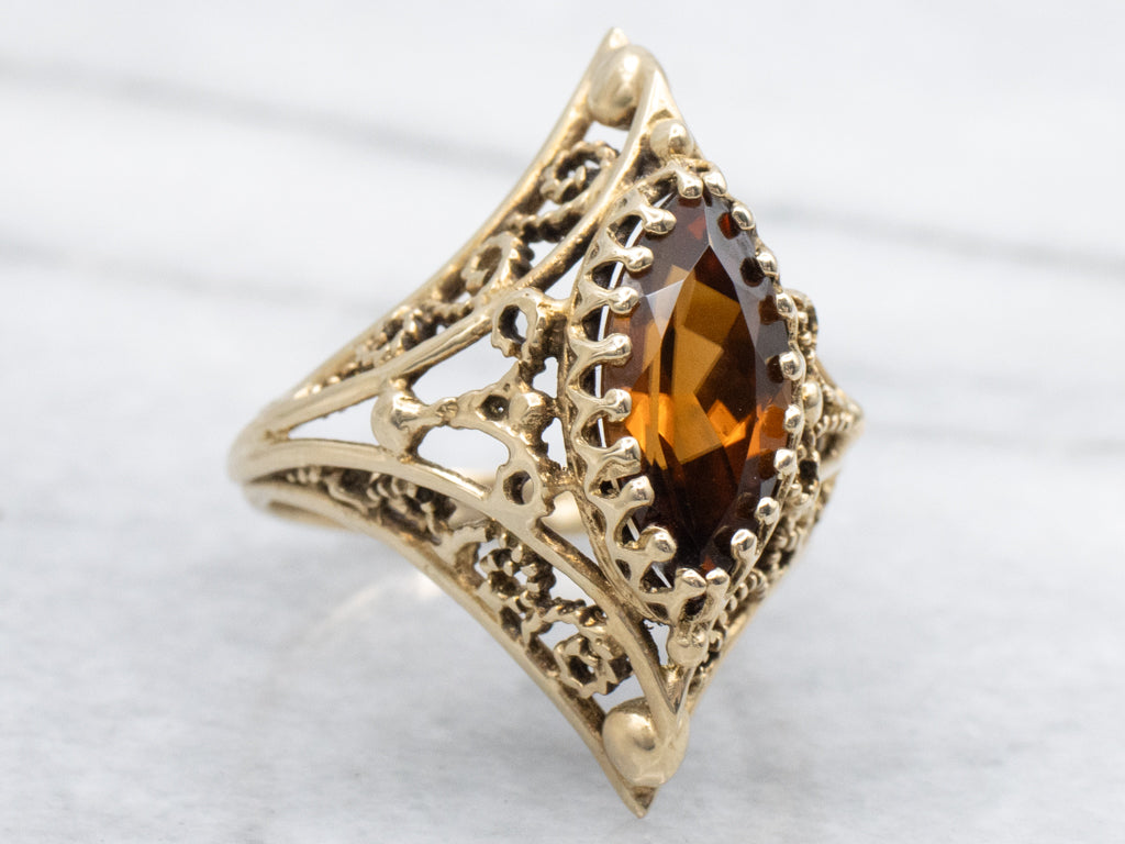 Ornate Marquise-Cut Zircon Gold Filigree Dinner Ring