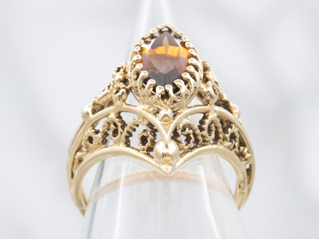 Ornate Marquise-Cut Zircon Gold Filigree Dinner Ring