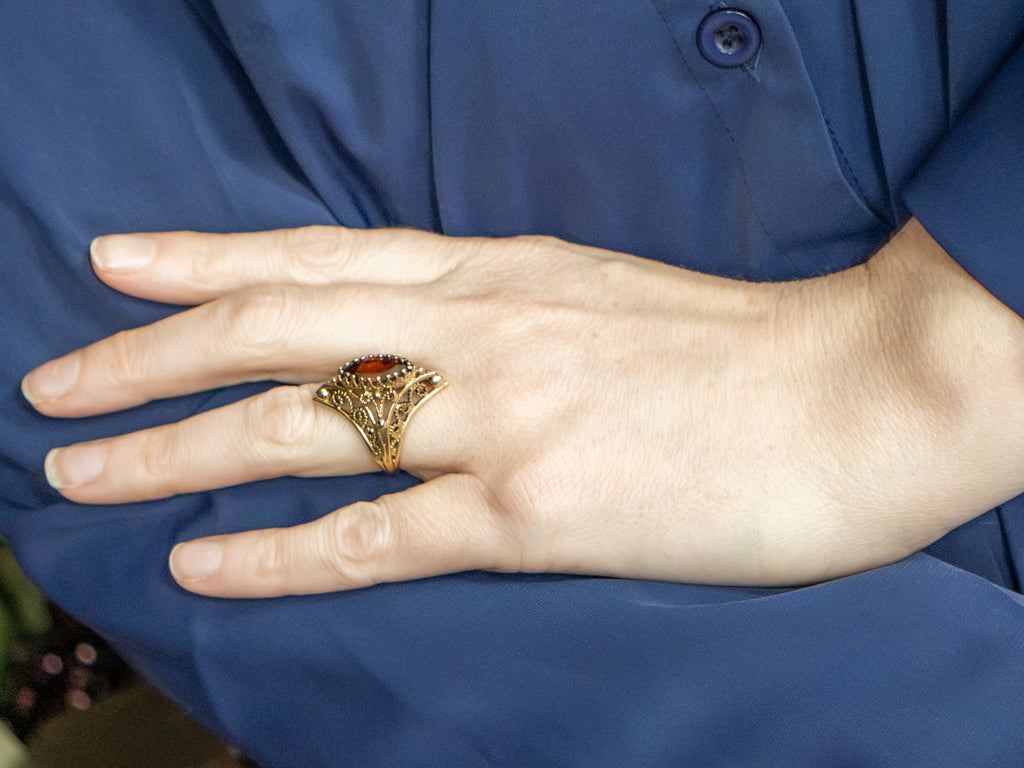 Ornate Marquise-Cut Zircon Gold Filigree Dinner Ring