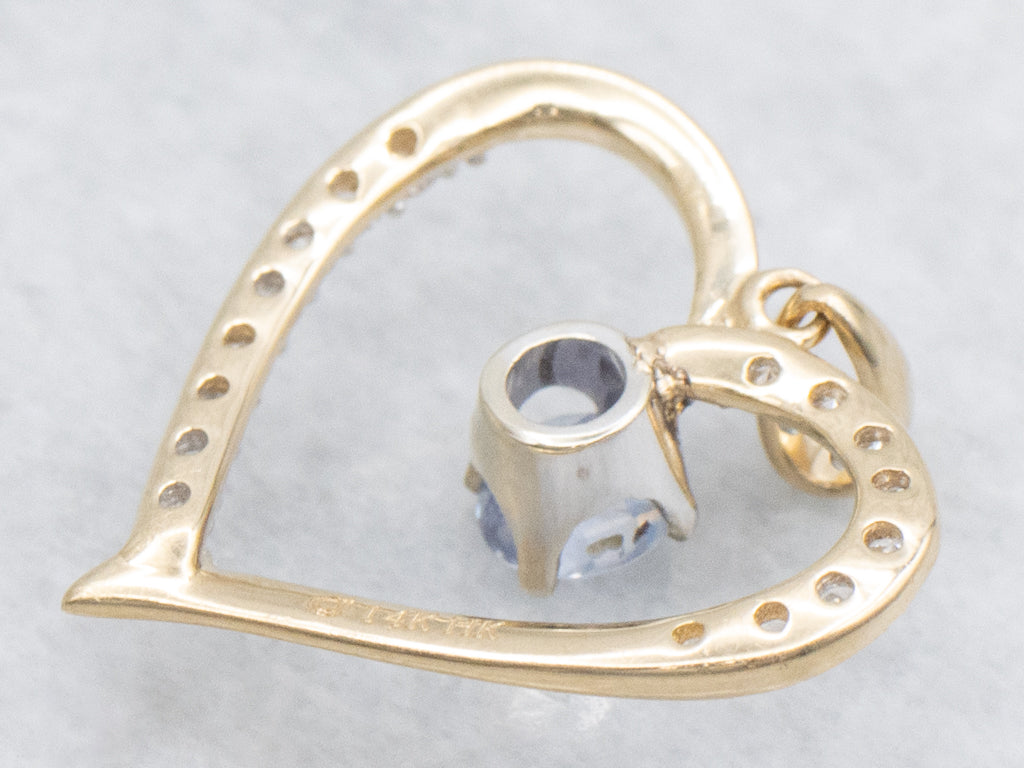 Diamond Heart Pendant with Swinging Sapphire Center