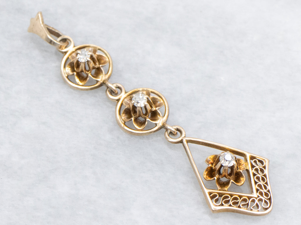 Triple Old Mine Cut Diamond Butter-Cup Drop Lavalier Pendant