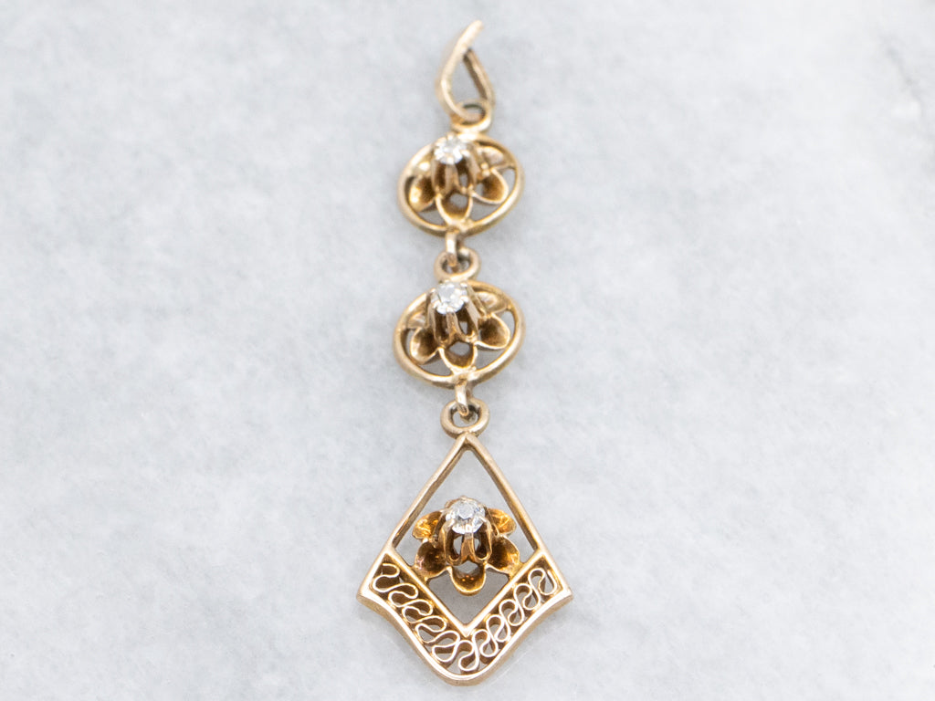 Triple Old Mine Cut Diamond Butter-Cup Drop Lavalier Pendant